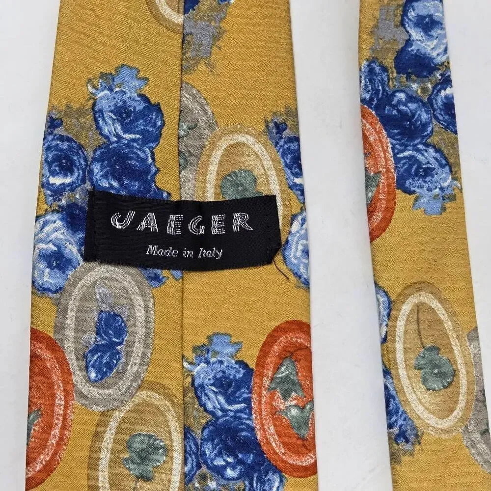 JAEGER MADE IN ITALY SILK TIE YELLOW BLUE FLORAL STILL LIFE JACQUARD 3.75